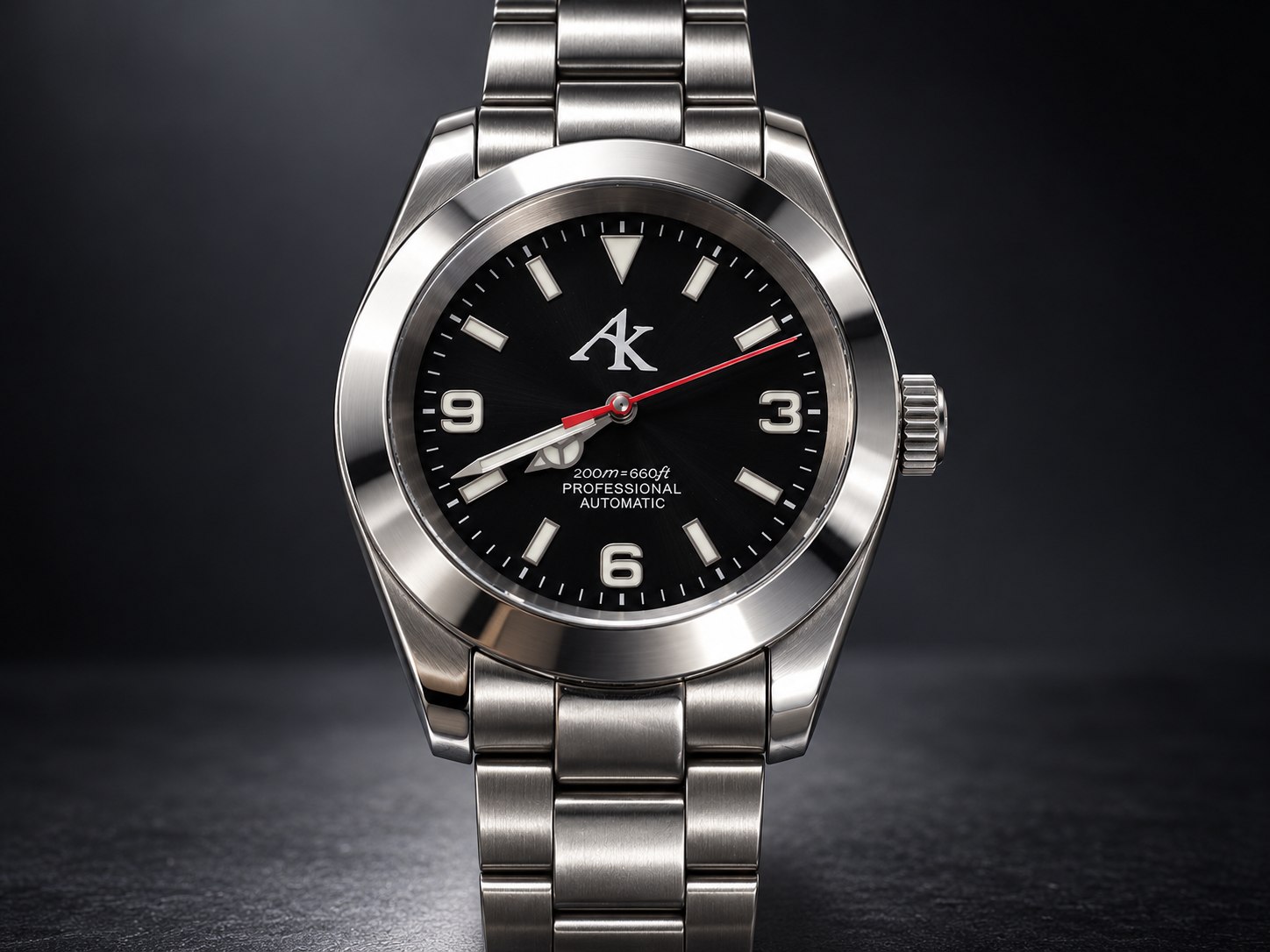 Editorial studio visualization of AK001 field-style watch