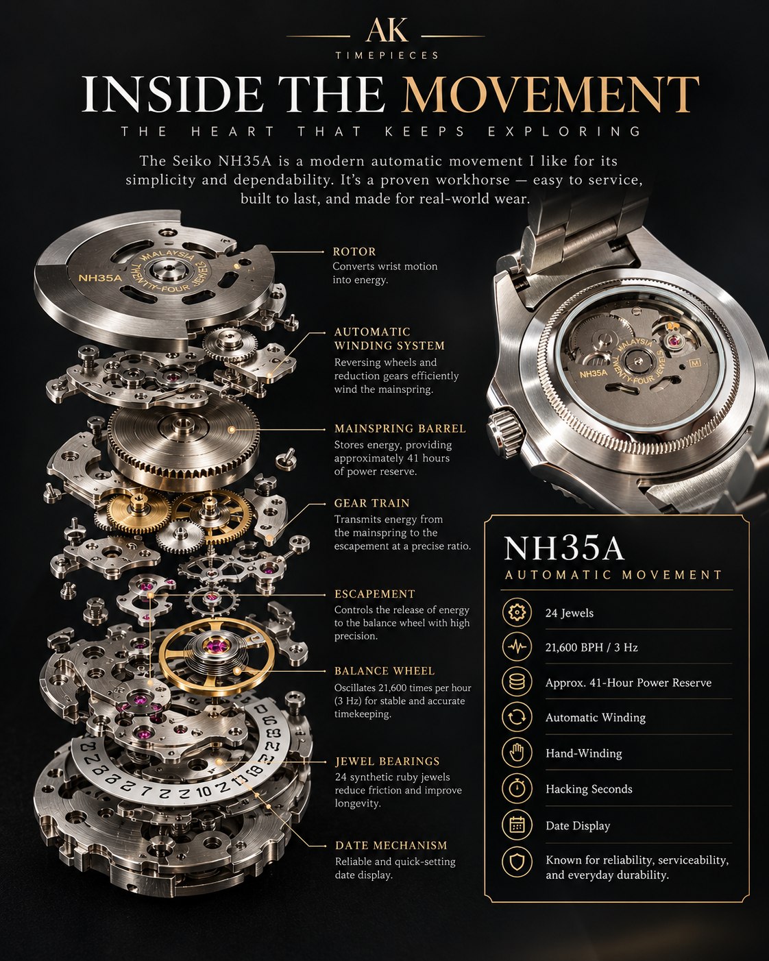 Conceptual illustration of an exploded mechanical watch movement